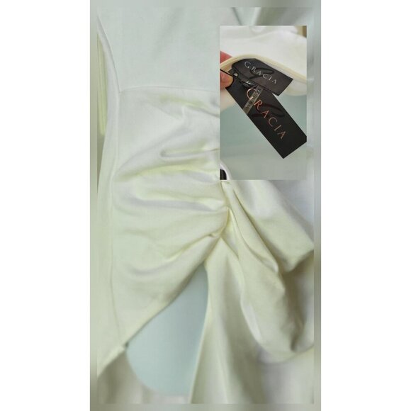 GRACIA Cream Asymmetrical Shirred Hi-Low Slit Blouse Shirt  -M - Picture 6 of 8